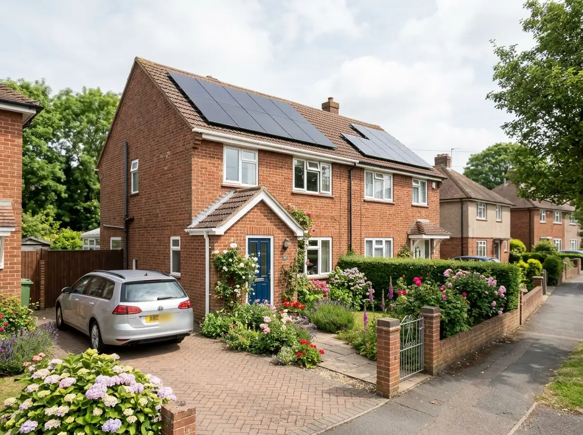 A red-brick semi-detached house with solar panels, photographed from the street