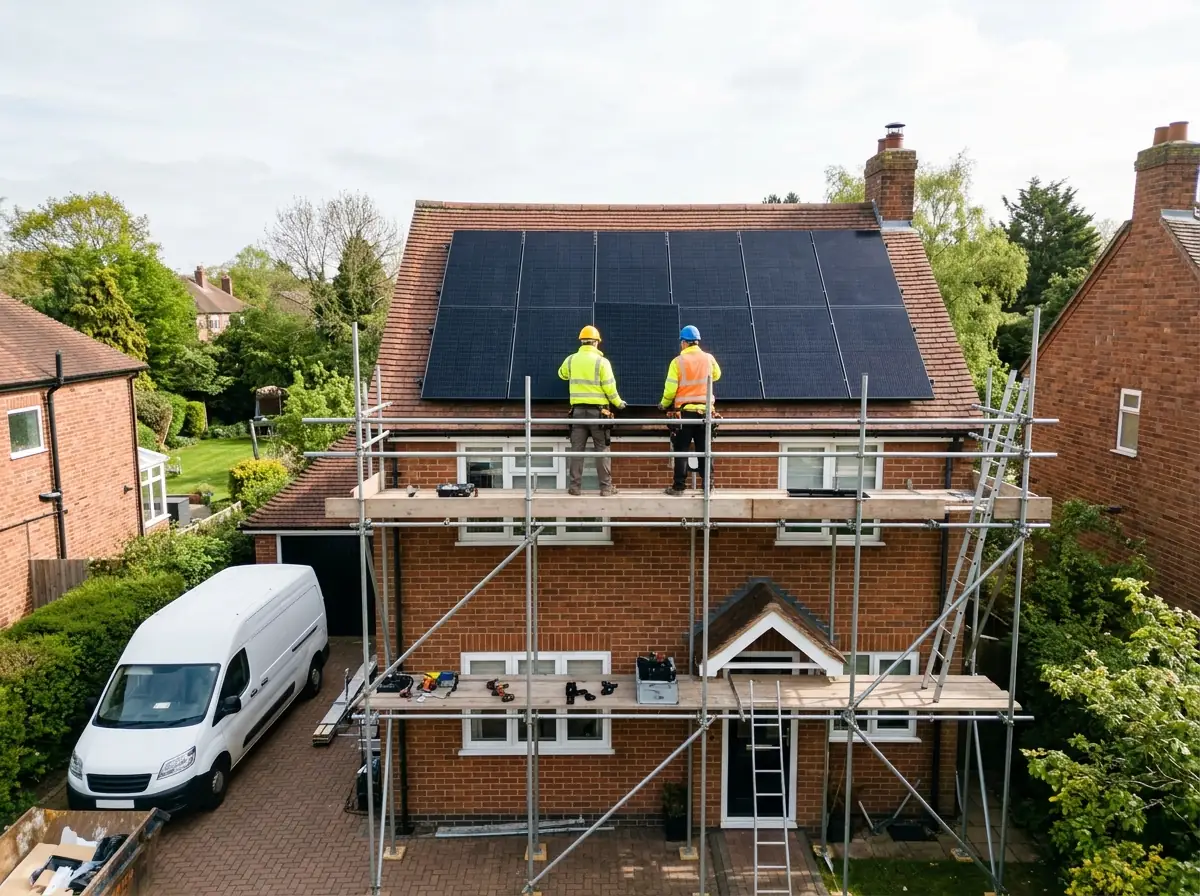 Two installers in hard hats and hi-vis seen from behind on scaffolding fitting black solar panels to the roof of a red-b