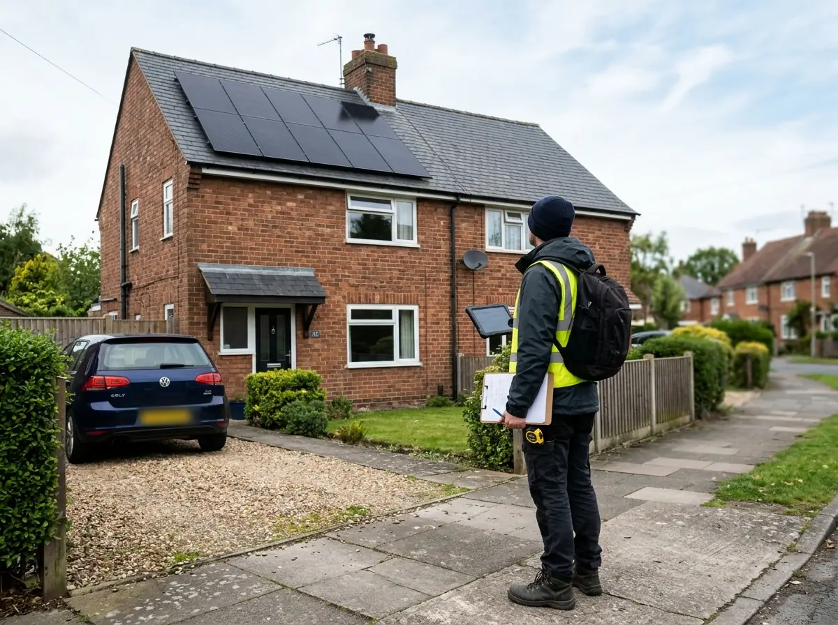 A surveyor seen from behind holding a tablet and looking up at the roof of a brick semi-detached house