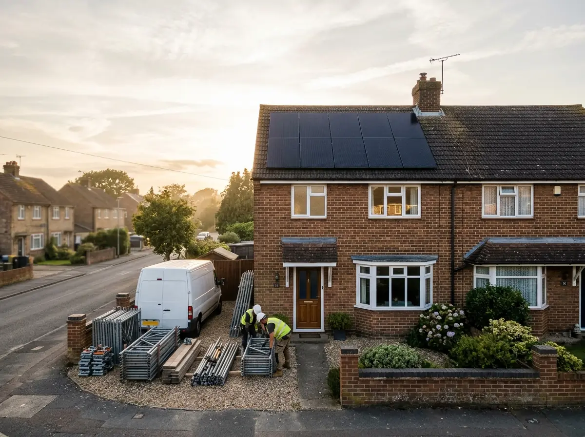 A finished solar installation on a brick semi-detached house at the end of the day