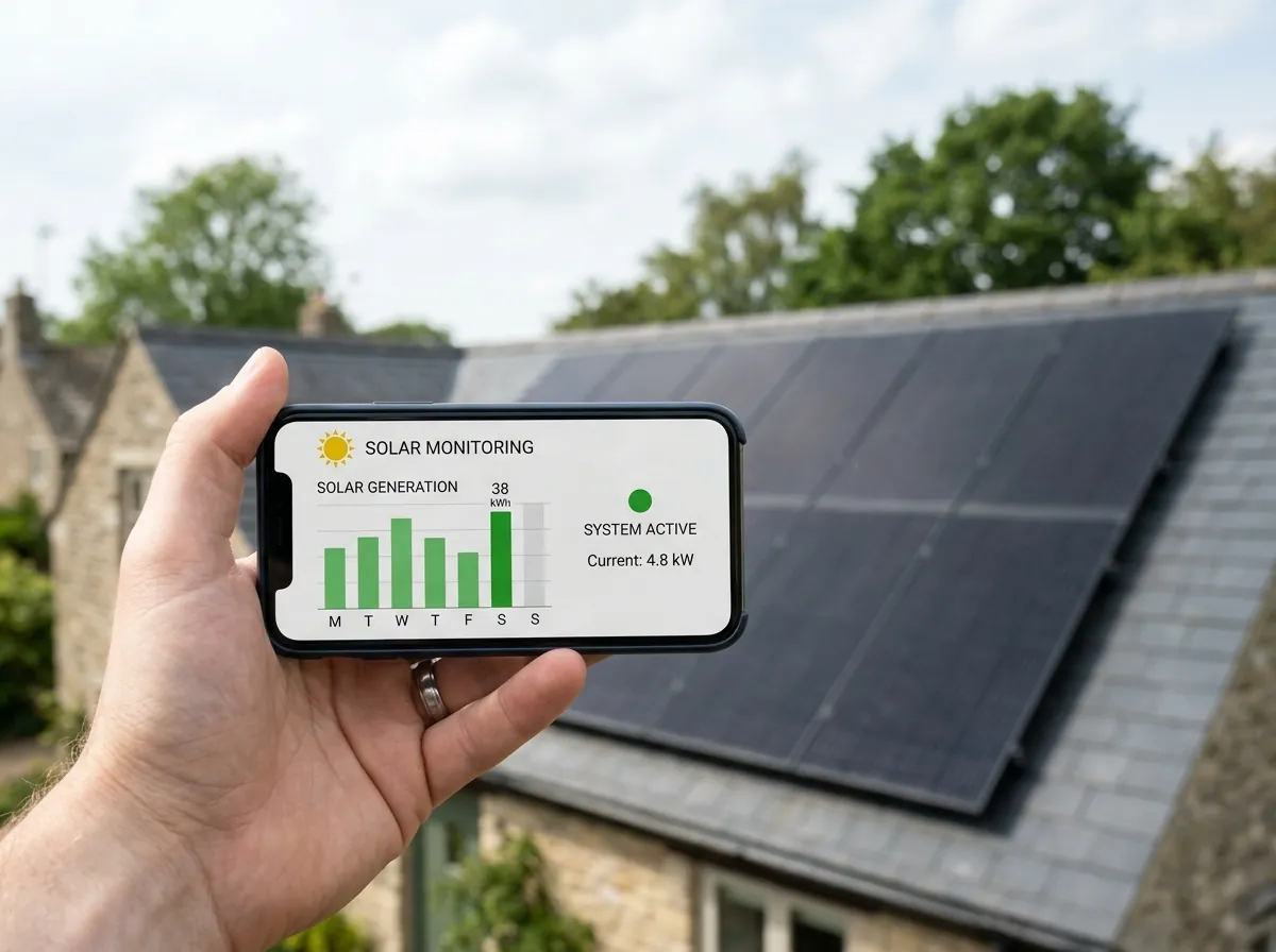 A hand holding a smartphone showing a generic solar monitoring app