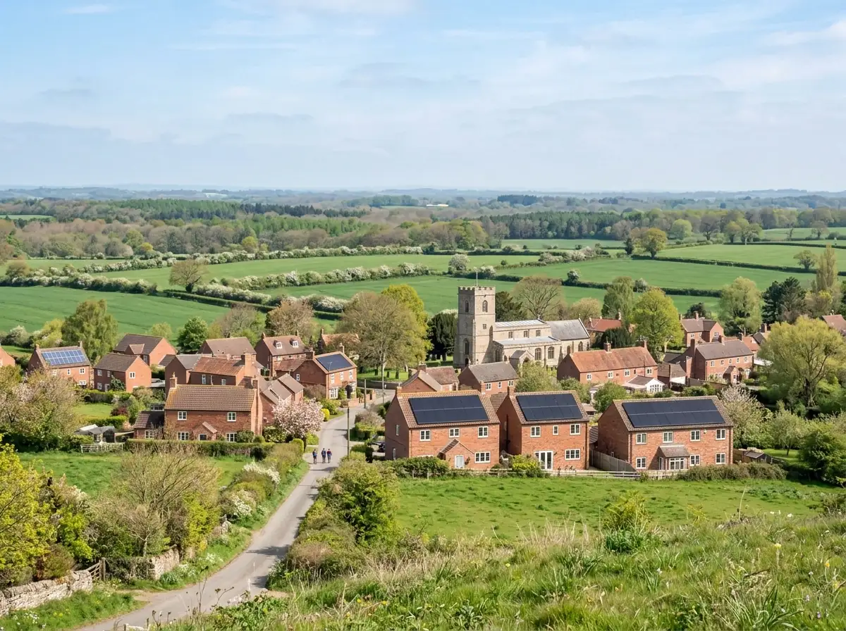 A peaceful English village in Nottinghamshire seen from a slight rise