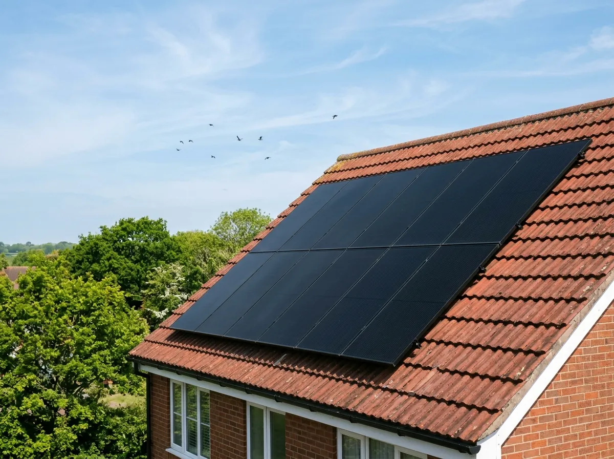 A close view of a modern all-black solar panel array on a tiled roof