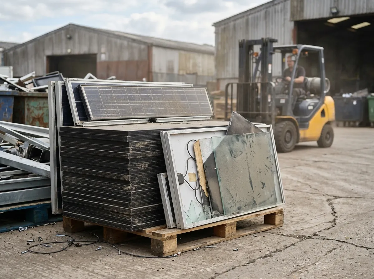 Old, dusty solar panels stacked neatly on a pallet in a recycling depot