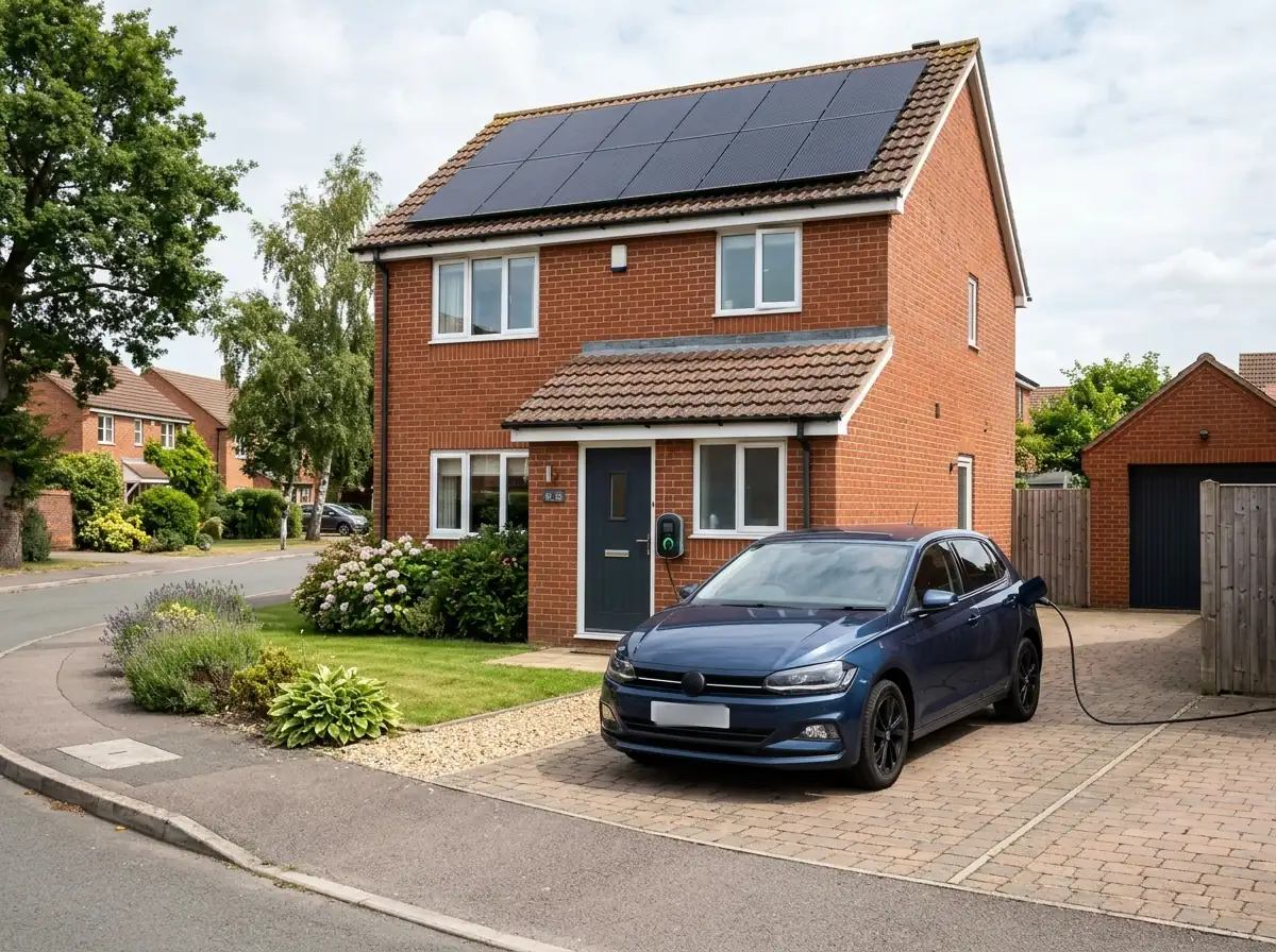 Electric car charging on a driveway beneath a roof with solar panels