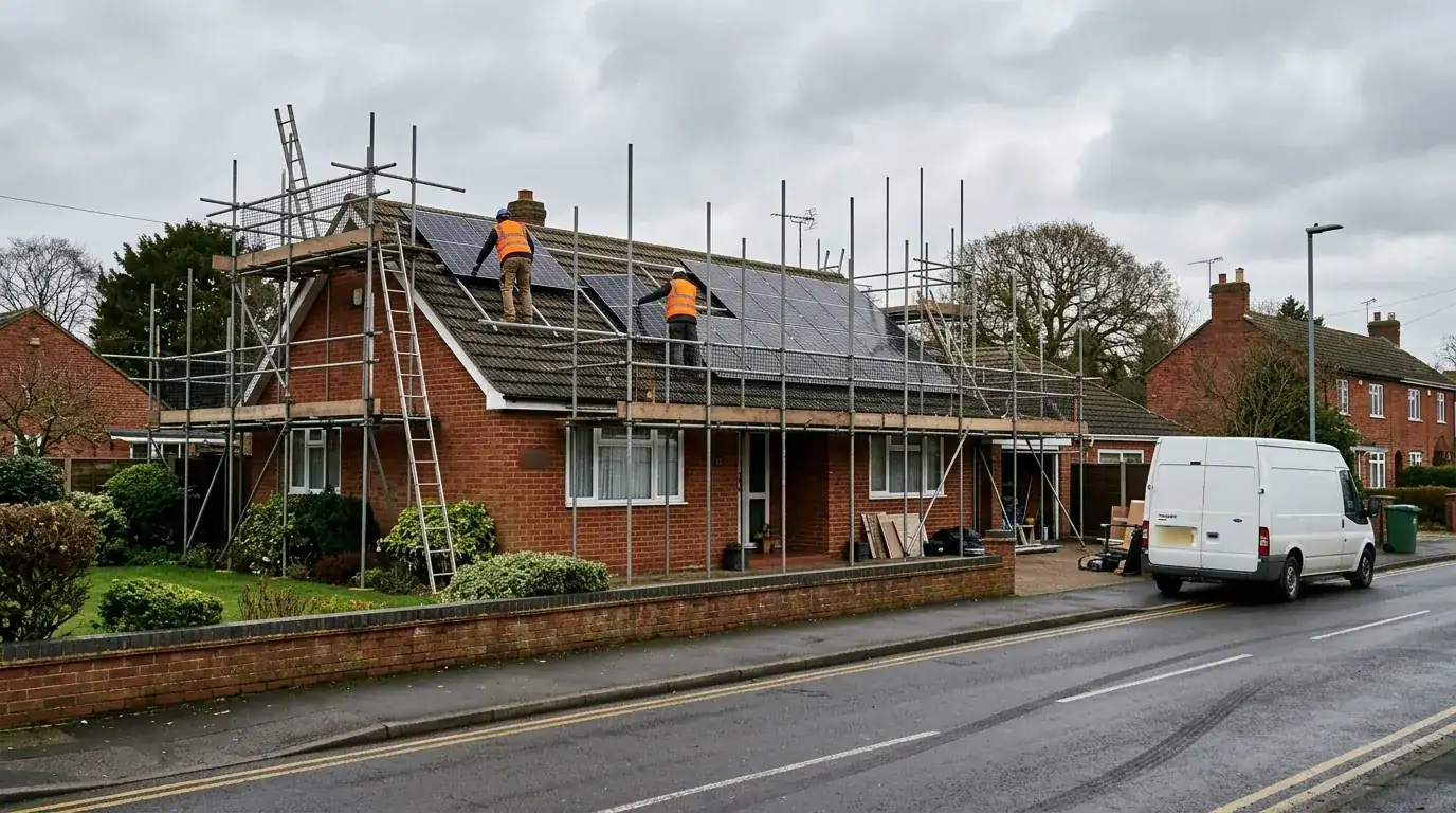 Installers fitting solar panels on a Nottinghamshire bungalow roof from scaffolding