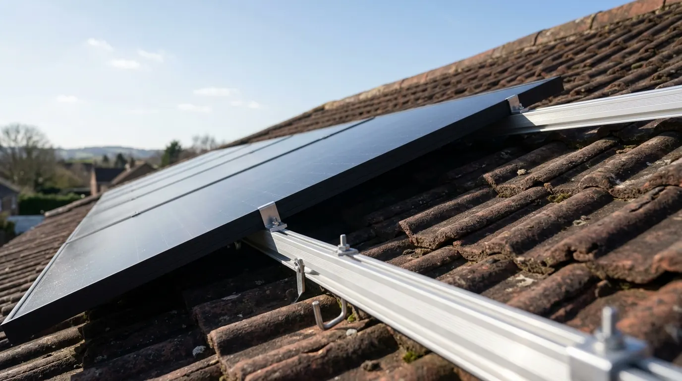 Close-up side view of solar panels mounted low on a tiled roof