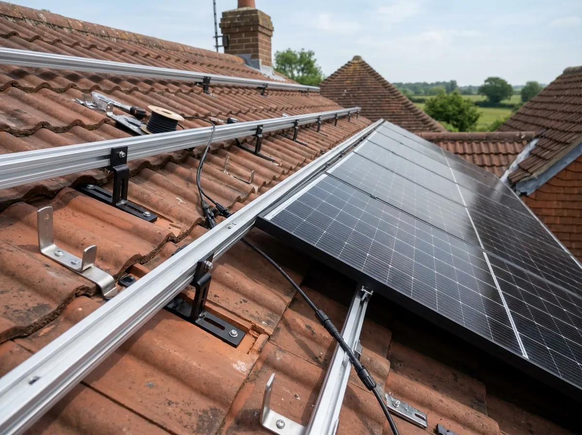 A close side view of solar panel mounting rails and brackets fitted to a clay-tiled pitched roof during installation, wi
