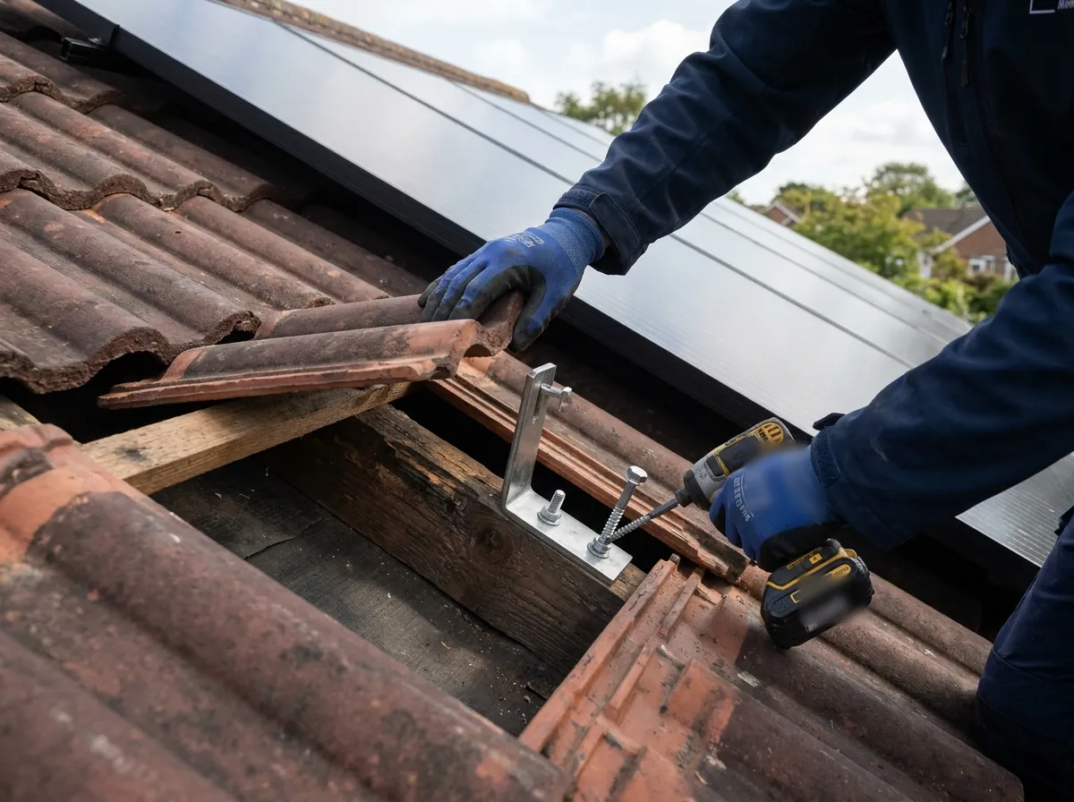 An installer's gloved hands fitting a metal roof hook bracket onto a rafter under a lifted roof tile