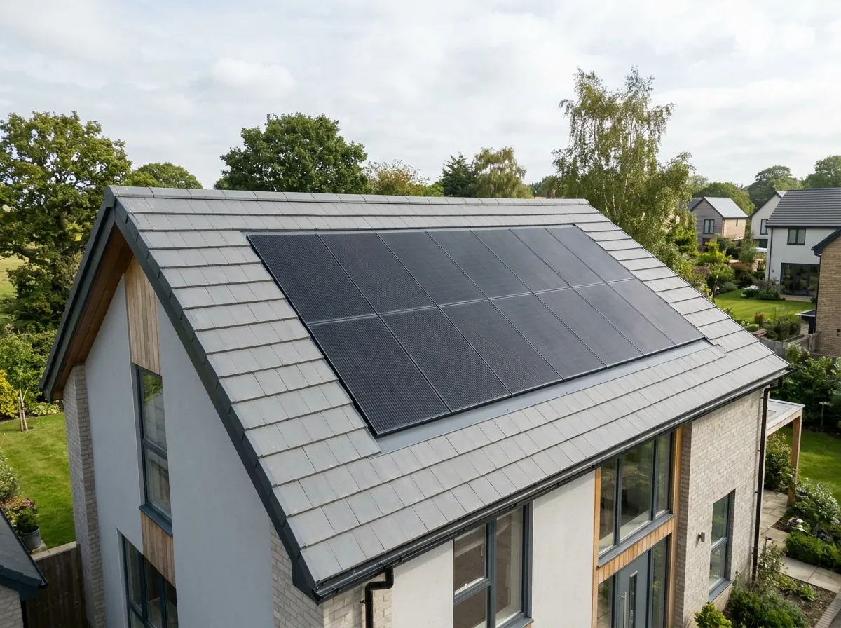 A modern house roof where black solar panels are integrated flush into the roof plane (in-roof), sitting level
