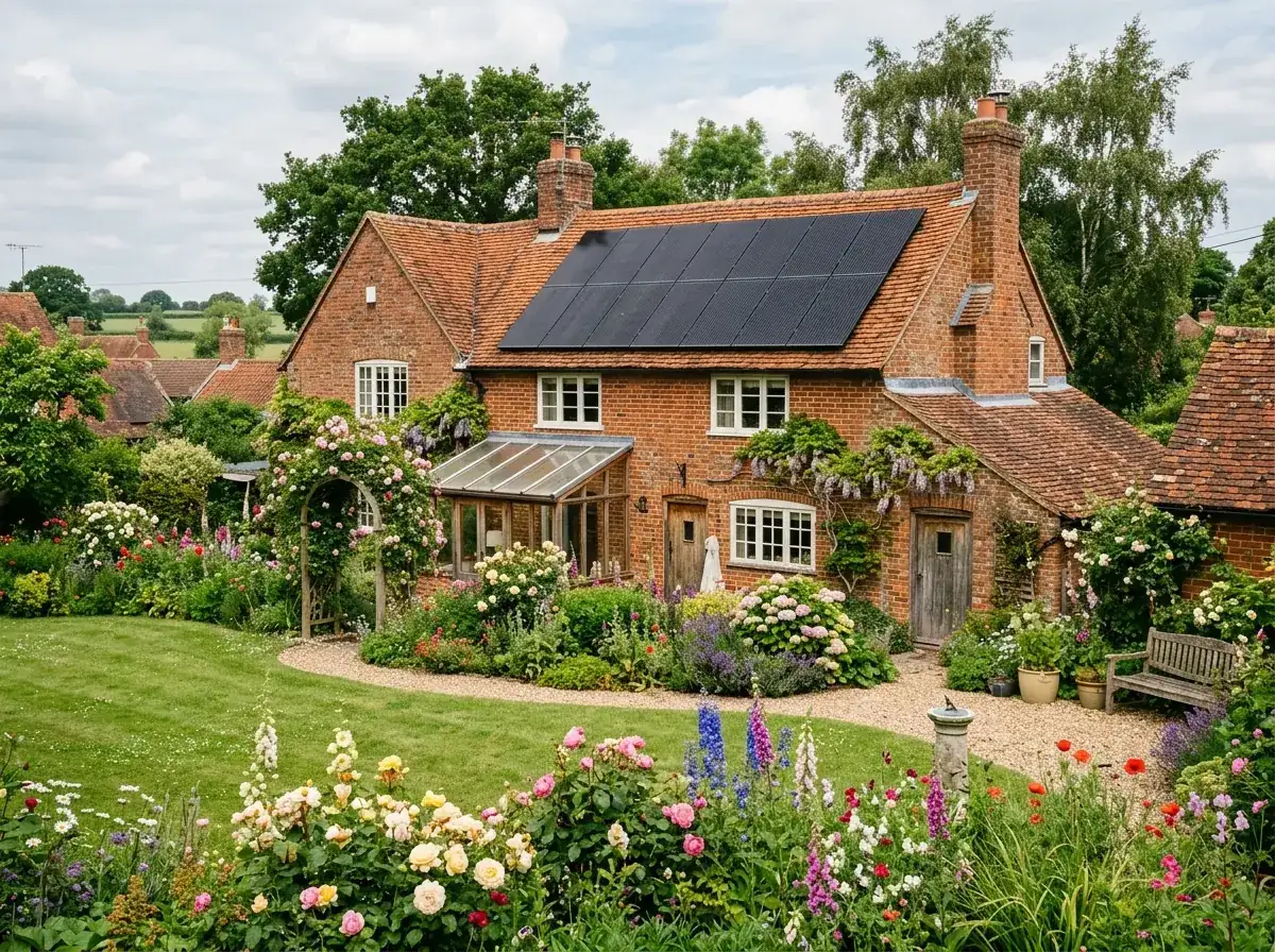 Solar panels on the rear roof of a brick cottage in a Nottinghamshire village