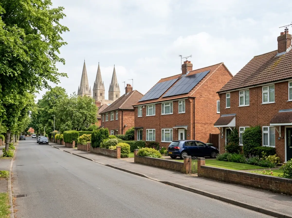 Brick homes in Southwell, Nottinghamshire, with solar panels on south-facing roofs