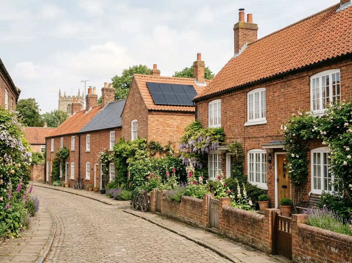 Row of traditional red brick cottages with pantile and slate roofs in Southwell