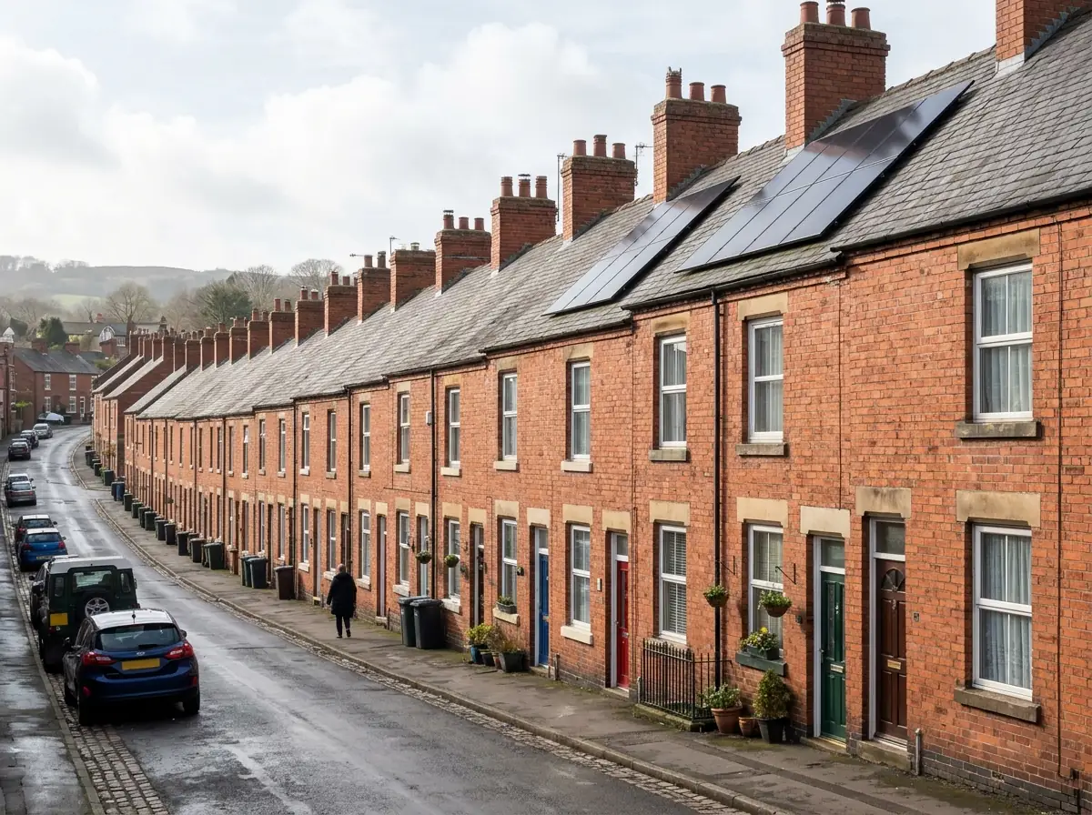 Row of red-brick terraced houses with pitched slate roofs in Stanton Hill, Sutton-in-Ashfield
