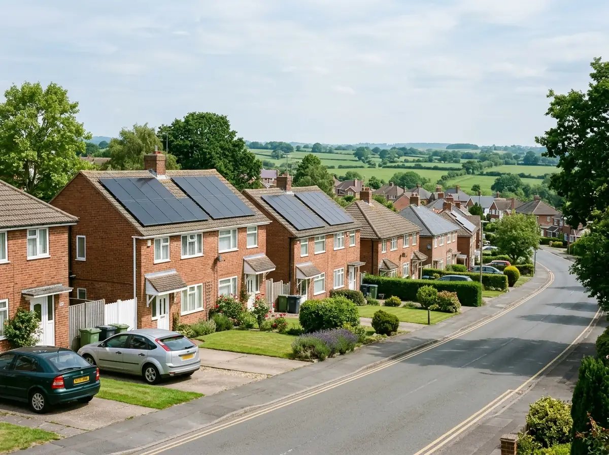 Brick semi-detached houses in Sutton-in-Ashfield with solar panels on their roofs