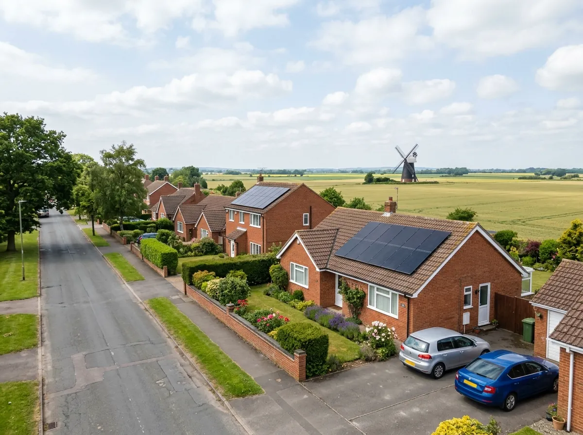 Red-brick houses and bungalows on a residential street at the edge of Tuxford