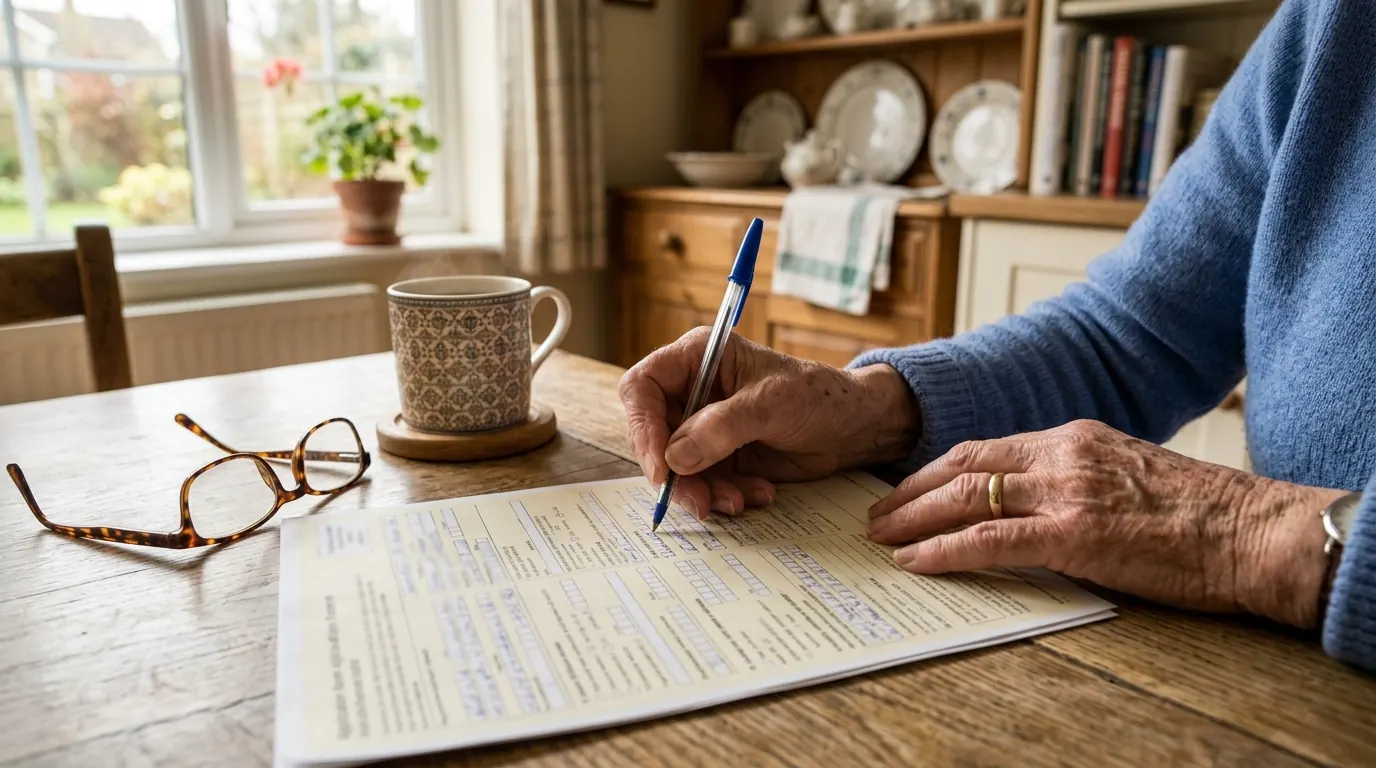 Older homeowner filling in a home energy grant application form