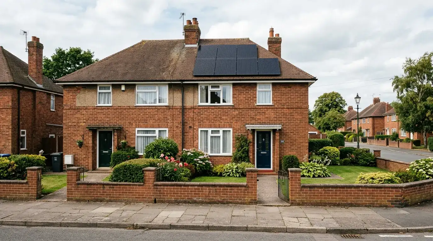Semi-detached brick homes in Worksop with solar panels on the roof