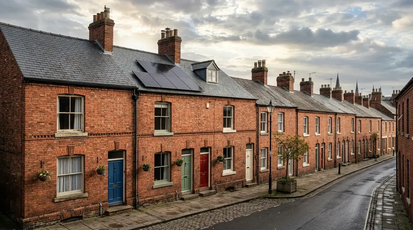 A red-brick terraced house in Worksop with a small solar panel array